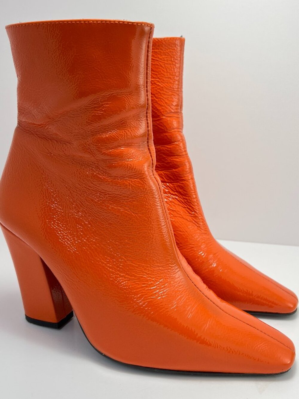 Statement Orange Patent Boots Block Heel Bold Fashion Size 7